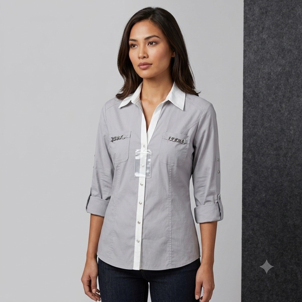 New Express Womens Size Large The Essential Shirt Gray White Chain Accent Work